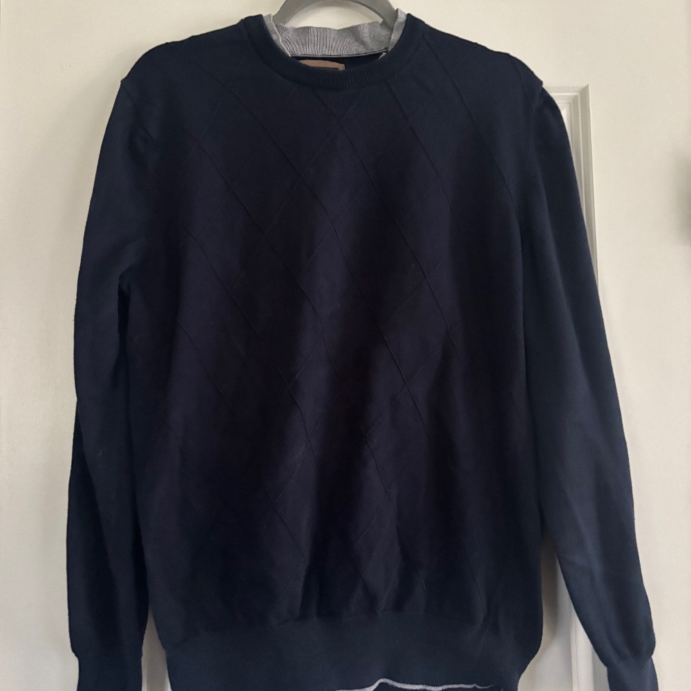 Bogner suede tag sweater with faux undershirt, 100% cotton Men’s Large quiet lux